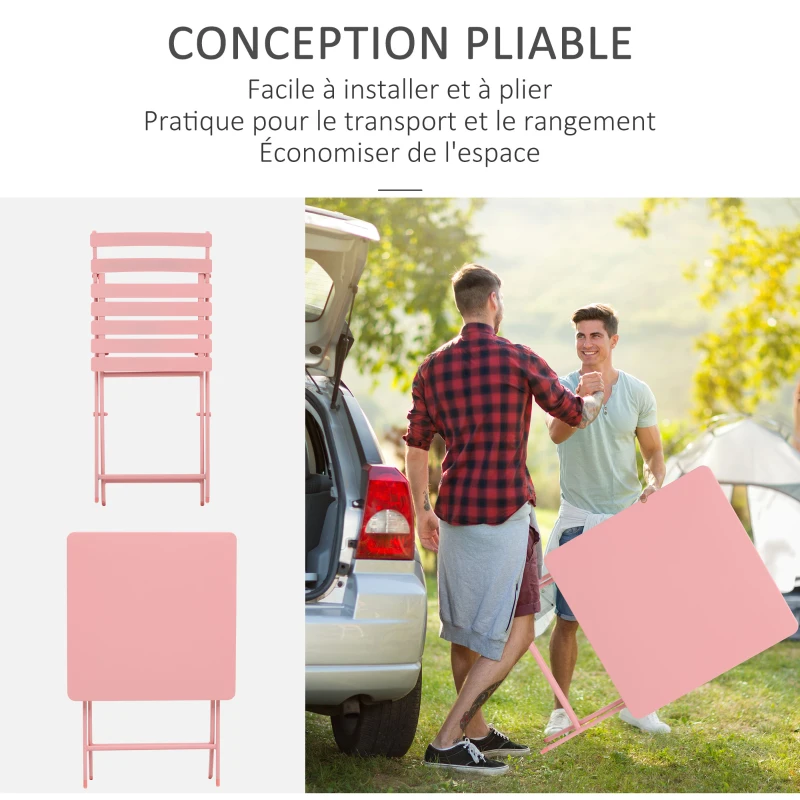 Outsunny Salon de jardin bistro pliable - table carrée dim. 60L x 60l x 71H cm avec 2 chaises - métal thermolaqué rose