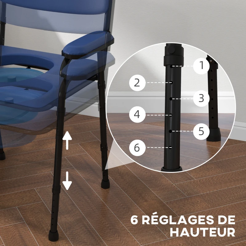 HOMCOM Chaise percée toilette multifonctions seau amovible hauteur réglable avec dossier siège et accoudoirs rembourrés bleu(m-5)