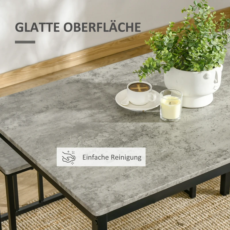 HOMCOM Essgarnitur, 4-teilig, Tisch, 2 Hocker und Bank, kompakt, Metallrahmen, Grau