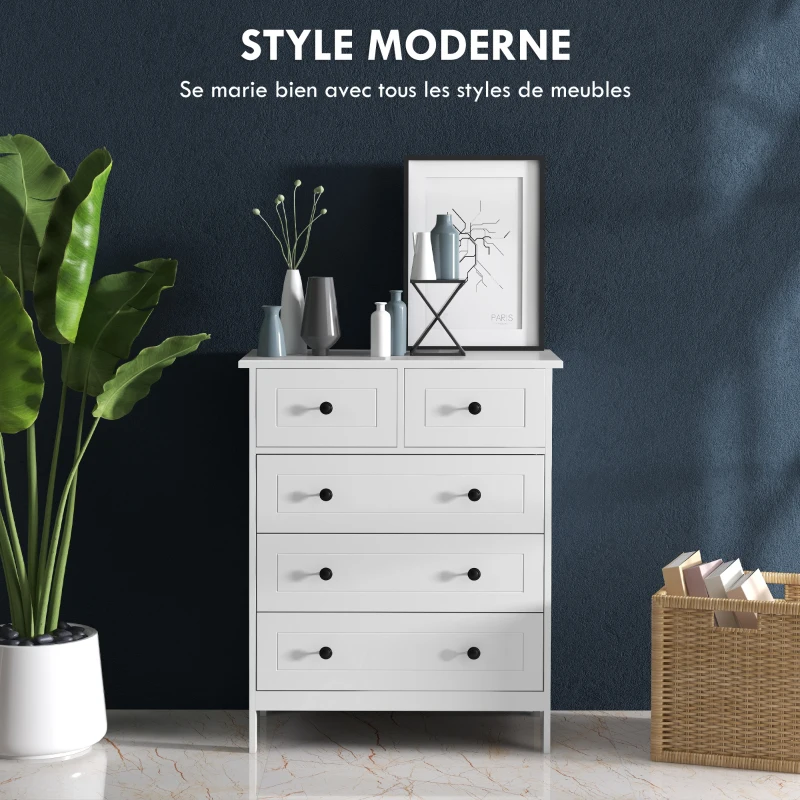 HOMCOM Commode meuble de rangement 5 tiroirs pour chambre, bureau, entrée, blanc et poignée métal noir(m-4)