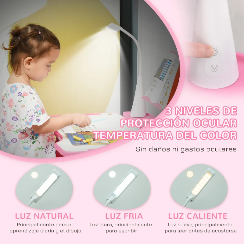 HOMCOM Juego de Escritorio y Silla para Niños de +6 Años Ajustable con Mesa Inclinable Lámpara Cajón y Estante para Libros Rosa