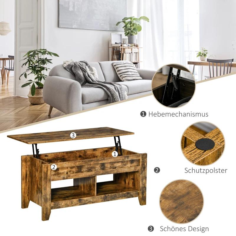 HOMCOM Couchtisch Beistelltisch Kaffeetisch Sofatisch aufklappbar mit höhenverstellbarer Platte mit Aufbewahrung Regal für Wohnzimmer Rustikales Braun 105 x 50 x 49 cm