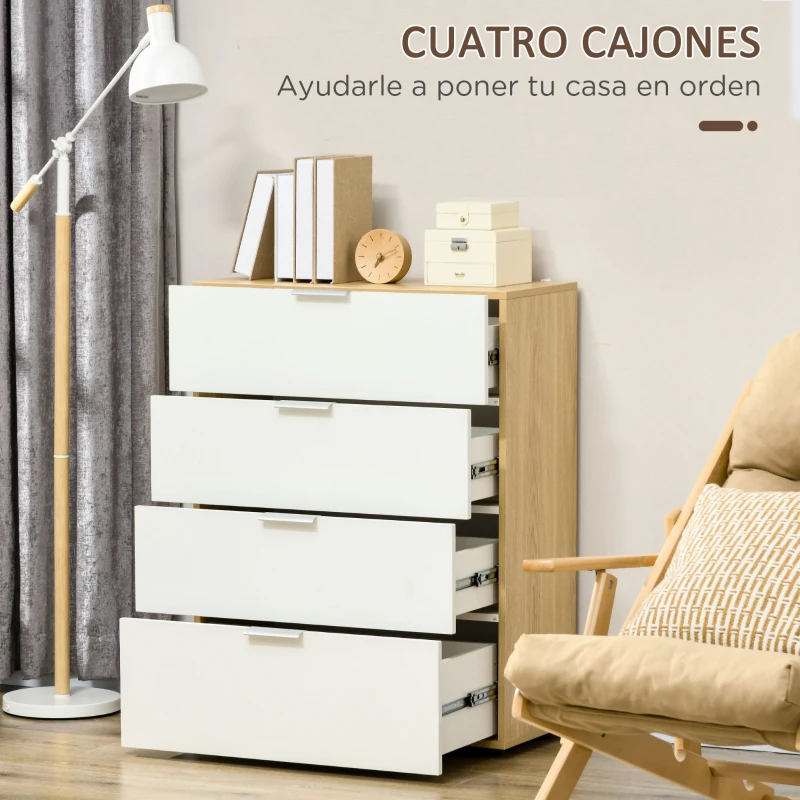 HOMCOM Cómoda con 4 Cajones de Alto Brillo Cajonera de Madera para Dormitorio Salón Oficina 70x35x92 cm Blanco y Natural