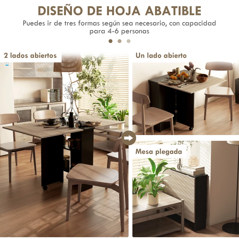 HOMCOM Mesa de Cocina Plegable con Ruedas 2 Estantes de Almacenaje y 2 Alas Abatibles Estilo Moderno 75x140x74 cm Natural