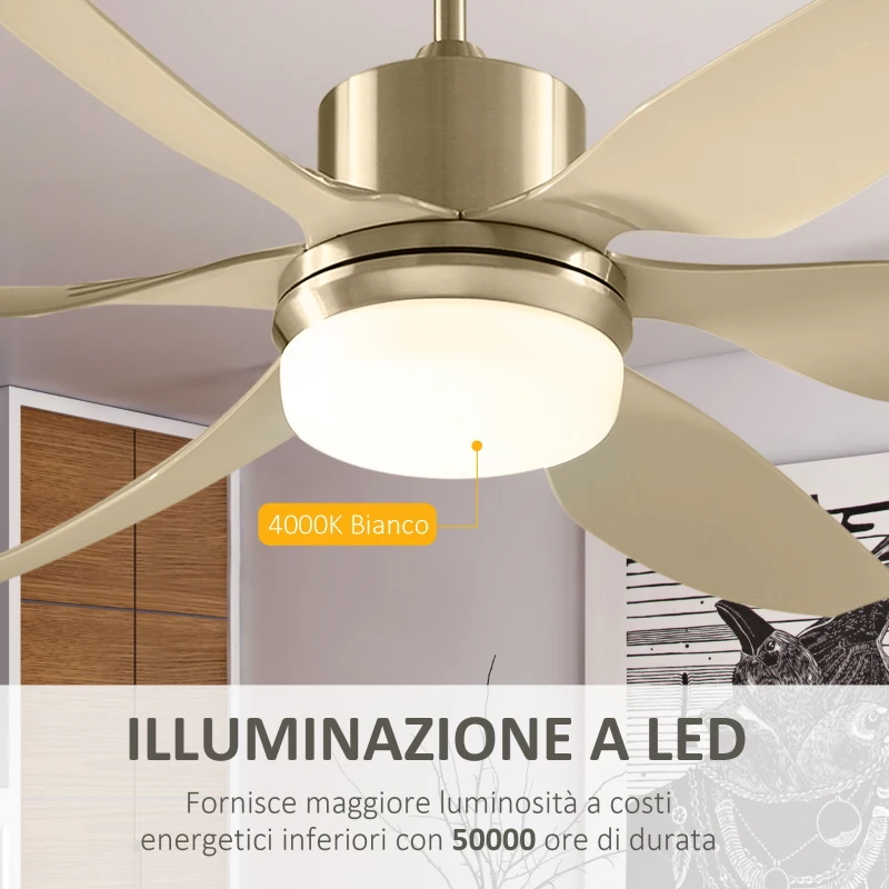 HOMCOM Ventilatore da Soffitto con Luce LED e Telecomando Incluso, 6 Velocità, Silenzioso e Reversibile, Φ132x43cm