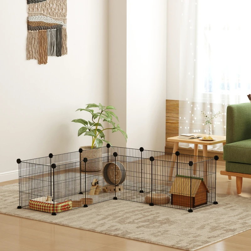 PawHut Parque Metálico para Animales Pequeños de 12 Paneles Desmontable Diseño DIY para Erizo 140x70x35 cm Negro