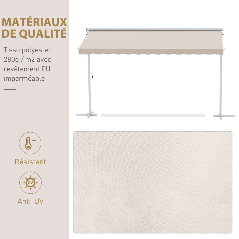 Outsunny Store Double Pente 4 x 3 m Manuel rétractable Inclinaison réglable métal époxy Blanc Polyester imperméabilisé Anti-UV Beige