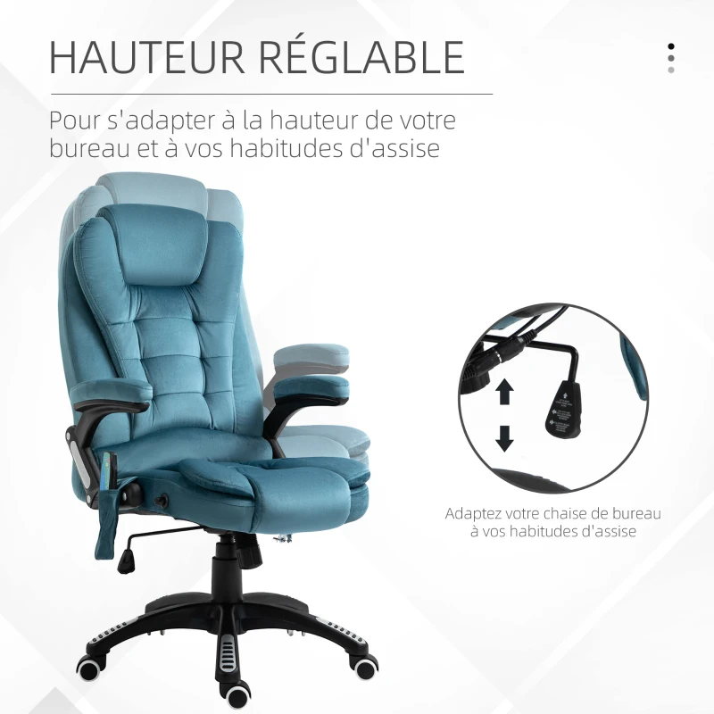 Vinsetto Fauteuil de bureau massant et chauffant, chaise de bureau, chaise ergonomique avec hauteur réglable, dossier inclinable et télécommande filaire, pivotant à 360° tissu en polyester bleu