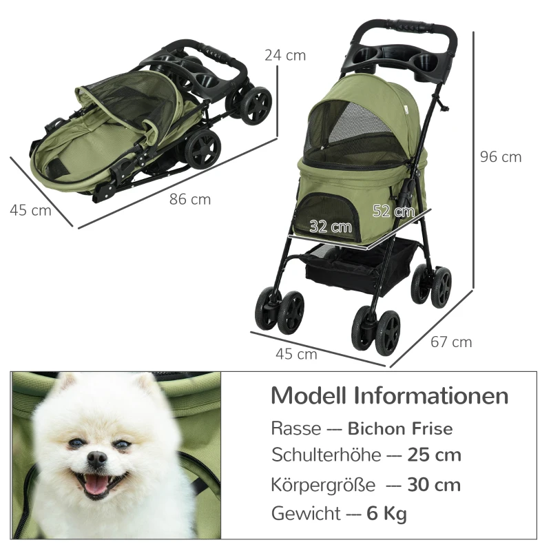 PawHut Hundewagen Hundebuggy, klappbar, 2 Sicherheitsleinen, 2 Becherhalter, 67 x 45 x 96 cm, Khaki(m-3)