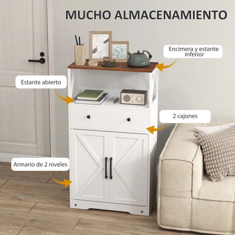 HOMCOM Mueble Auxiliar de Almacenaje con Estantes y Cajones Diseño Clásico para Salón Cocina o Dormitorio 60x31x108 cm Blanco