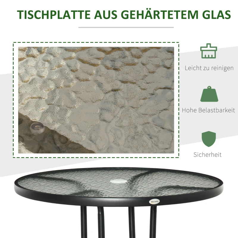 Outsunny Gartentisch Garten Beistelltisch Gartenmöbel Balkontisch Bistrotisch mit Schirmloch Hartglas + Metall Schwarz Ø80 x 72 cm