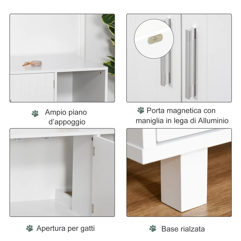 PawHut Mobile per Lettiera Gatti in Legno con 2 Ante e Apertura Laterale con Tiragraffi, Bianco