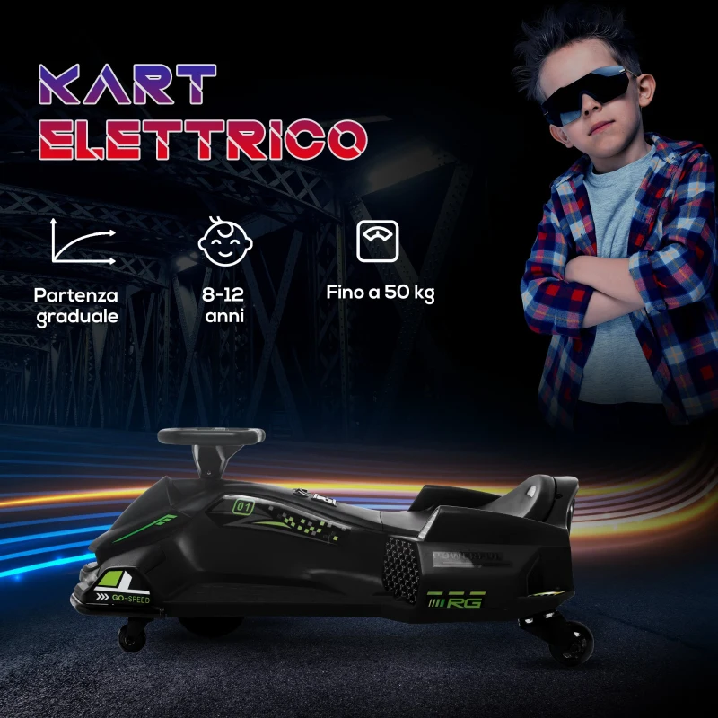 HOMCOM Go Kart Elettrico per Bambini 8-12 Anni Velocità 3-8 km/h per Drifting con Luci e Musica, Nero