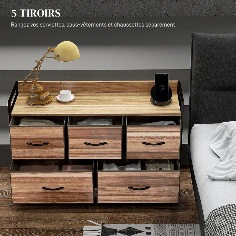 HOMCOM Commode Meuble de Rangement 5 tiroirs en Tissu 98 x 29 x 63 cm structure en acier noir
