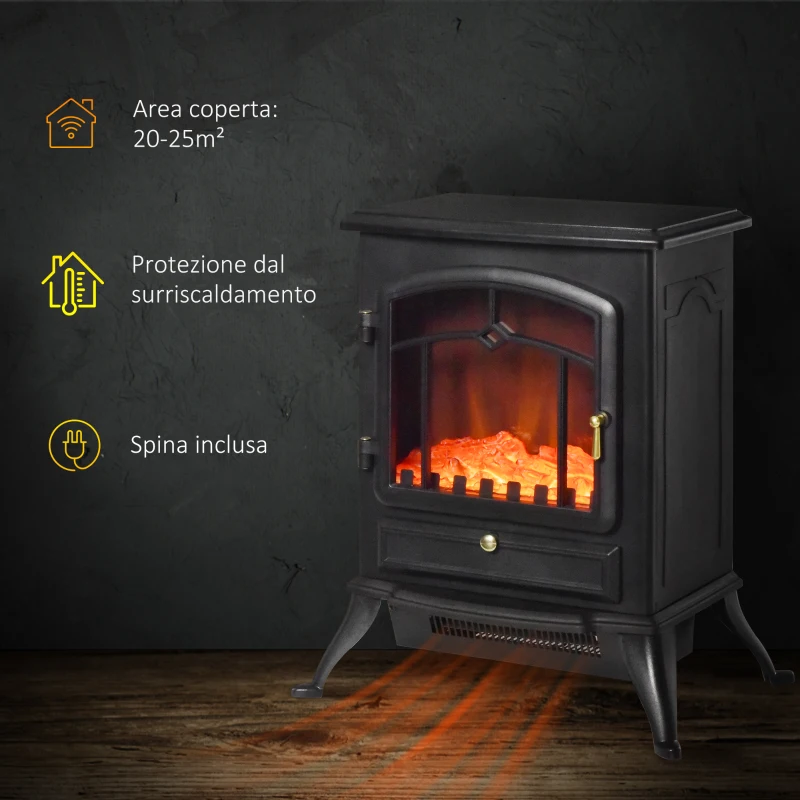 HOMCOM Camino Elettrico da Terra con Effetto Fiamma, Caminetto Elettrico 1000W /2000W con Protezione da Surriscaldamento e Termostato, in ABS e Vetro, 45x28x54cm, Nero