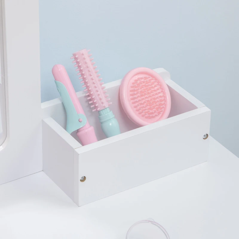 ZONEKIZ Set Toeletta per Bambini con Tavolo Trucco e Sgabello, Specchio e 2 Cassetti, Bianco e Colore Legno