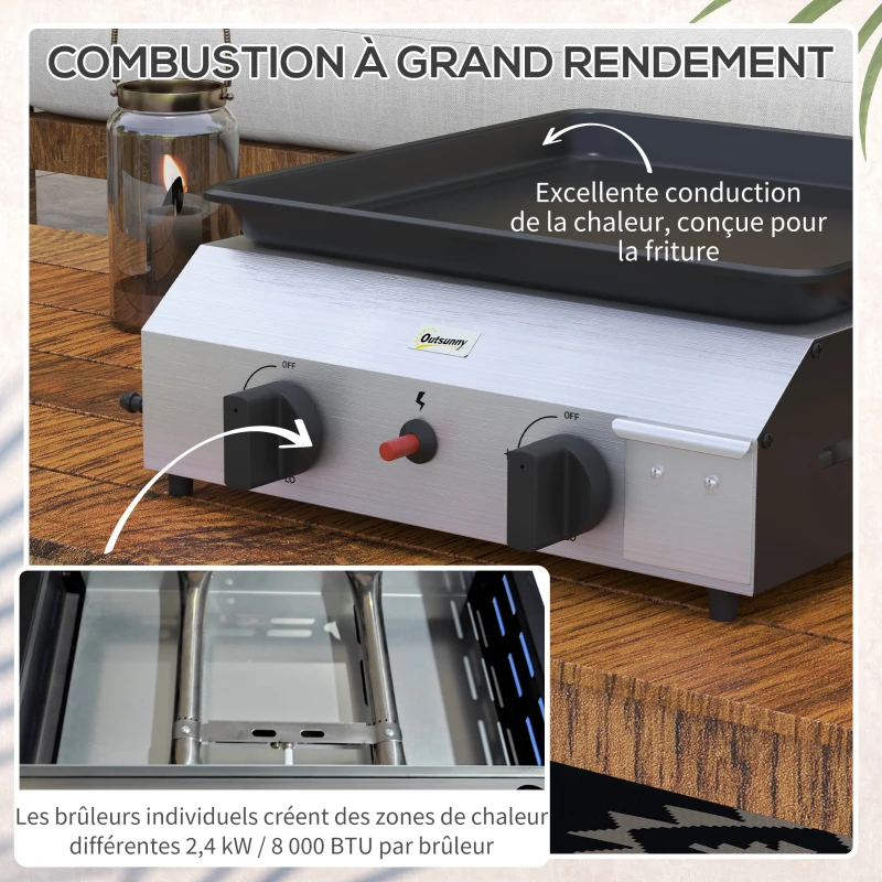 Outsunny Plancha gaz en acier inox émaillé 2 brûleurs 4,8 kW antiadhésive grande surface de cuisson 40L x 34l cm, transportable