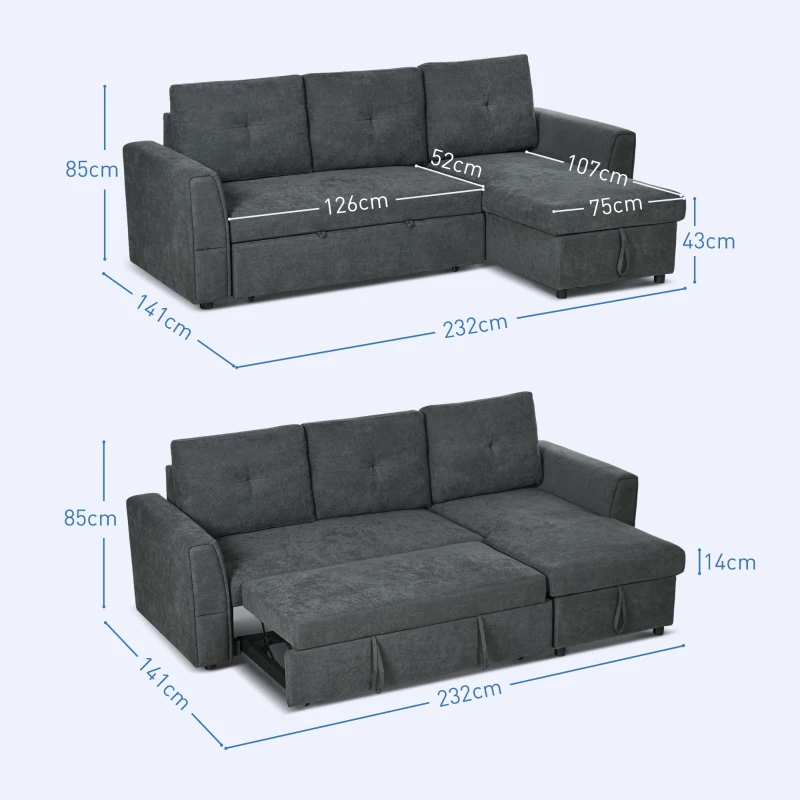 HOMCOM 3 Seater Sofa Bed, Pull Out Sofa Bed with Storage for Living Room, Dark Grey