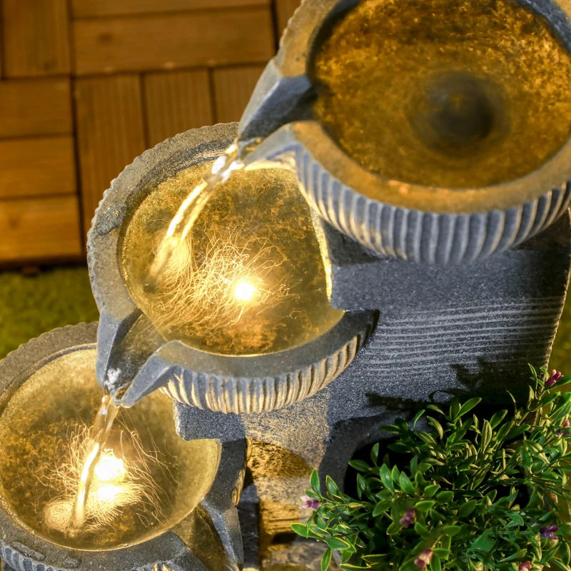 Outsunny Gartenbrunnen, Naturoptik, 4-stufig, Solarbetrieb, LEDs, 57cm Höhe, Dunkelgrau