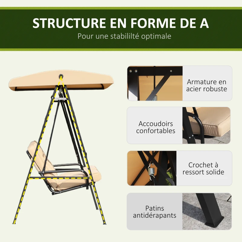 HOMCOM Balancelle de Jardin 2 Places Grand Confort Coussins d'assise et Dossier fournis accoudoirs Pare-Soleil Sable