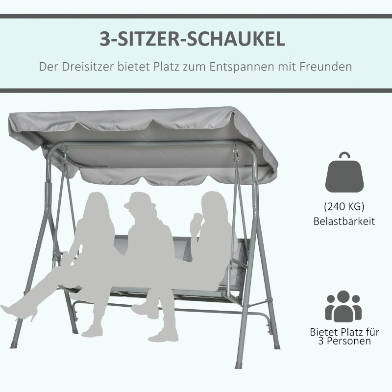Outsunny Hollywoodschaukel mit verstellbarem Sonnendach, 3-Sitzer Gartenschaukel mit Anti-Rutsch-Füßen, Schaukelbank belastbar bis 240 kg, Gartenliege für Garten, Terasse, 170x110x153cm, Grau+Silber