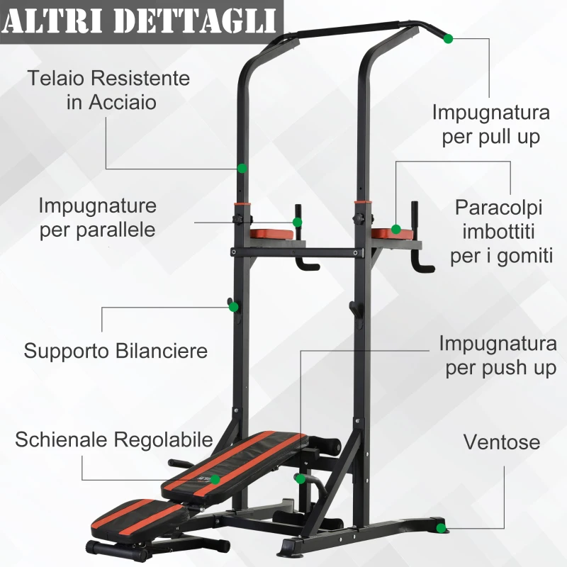 HOMCOM Power Tower Pieghevole, Stazione Fitness Multifunzione Regolabile in 7 Posizioni con Sbarra Trazioni, Dip Station, Pull UP Station e Panca Piana in Acciaio, per Home Gym Casa, Portata 150kg