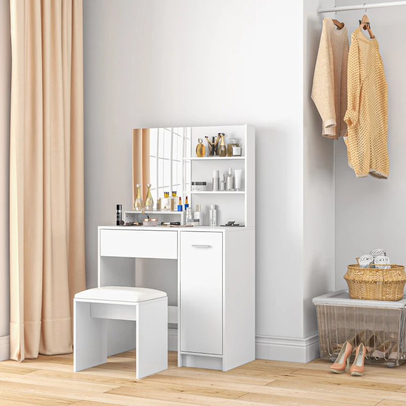HOMCOM Tocador de Maquillaje con Taburete Espejo Cajón Estante Ajustable y Estantes Abiertos Anti-vuelco Blanco y Beige