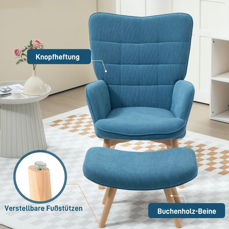 HOMCOM Akzentsessel mit Hocker, Relaxsessel in Cord-Optik, Armlehnstuhl mit Holzbeinen, für Wohnzimmer, Blau(m-5)