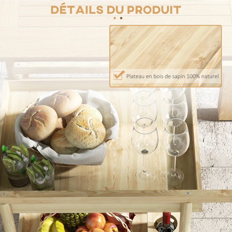 Outsunny Desserte de jardin chariot pour plancha barbecue en bois avec poignée 2 plateaux et porte-bouteilles naturel