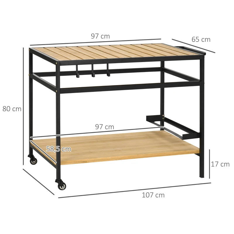 Outsunny Servierwagen im Industrie-Design, wetterbeständig, 3 Haken, 1 Regal,107 cm x 65 cm x 80 cm, Schwarz +Natur