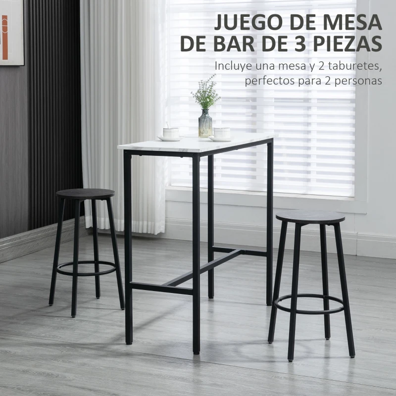 HOMCOM Conjunto de Mesa Alta de Bar con 2 Taburetes Redondo Set de 3 Piezas con Marco de Acero de Estilo Moderno Blanco y Negro