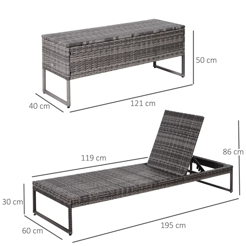 Outsunny dreiteiliges Set Sonnenliege mit verstellbarer Rücklehne Garten Liege Teetisch Flammhemmende Polsterung Metall PE-Rattan Polyester Grau 195 x 60 x 86 cm