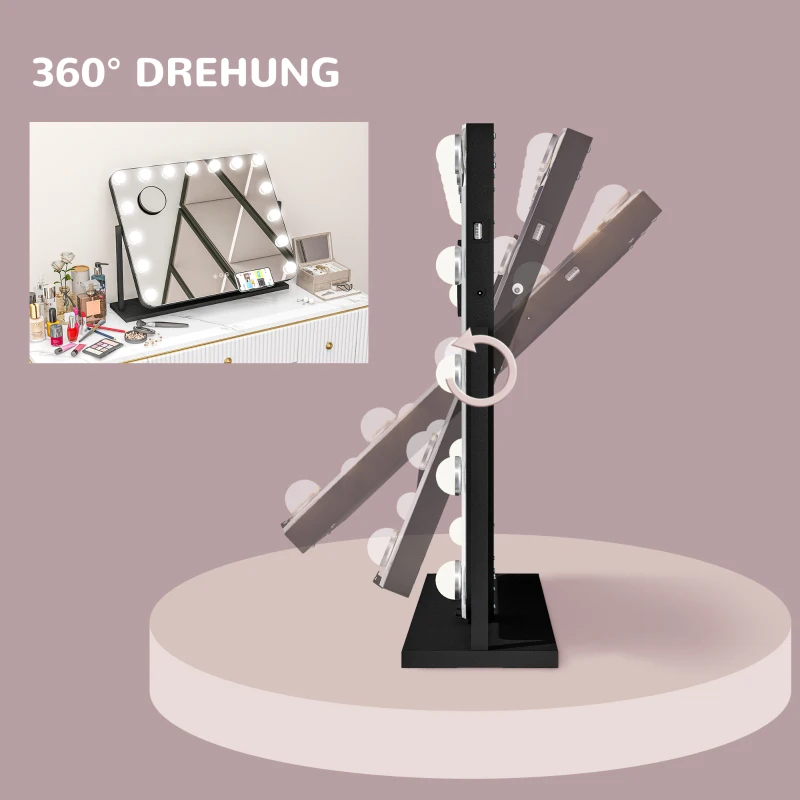 HOMCOM LED Kosmetikspiegel, 3 Lichtmodi, dimmbar, Touchsteuerung, USB, 62,5x49,5cm, Schwarz(m-9)