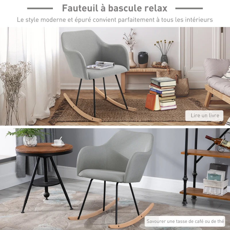 HOMCOM Fauteuil à Bascule Rocking Chair Grand Confort accoudoirs Assise Dossier garnissage Mousse Haute densité Lin Gris