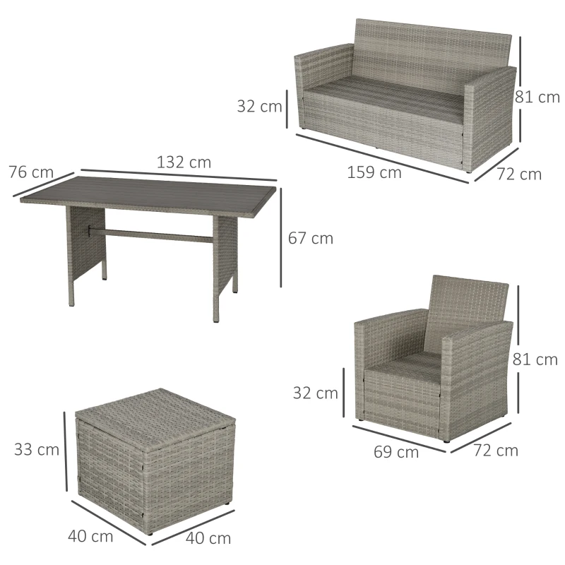 Outsunny Poly Rattan Sitzgruppe 6 tlg. Garten Essgruppe Sofa-Set Sofa Lounge Hocker Hof Balkon Pool PE Rattan Grau