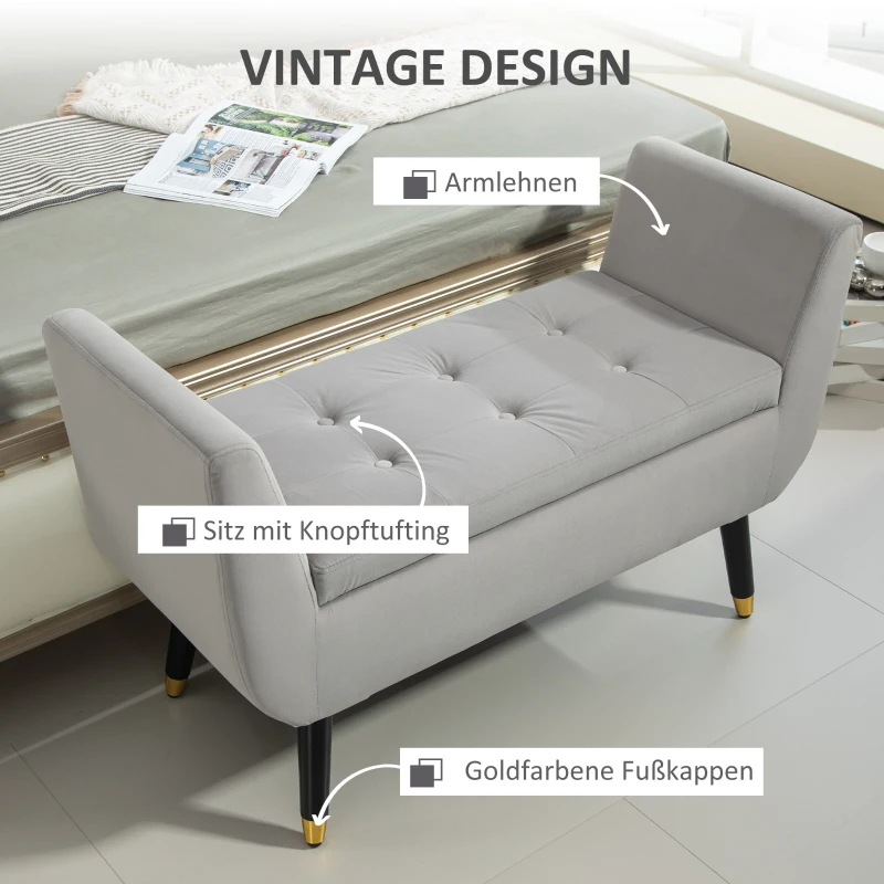 HOMCOM Sitzbank mit Stauraum und Armlehnen, Truhenbank, samtartiges Polyester, Kautschukholz, Hellgrau, 107 x 42 x 65 cm