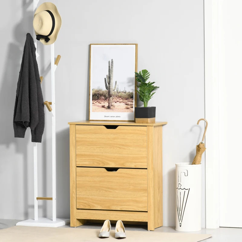 HOMCOM Narrow Shoe Cabinet, Space Saving Shoe Storage Cabinet with 2 Flip Drawers and Adjustable Shelves for 6-12 Pairs of Shoes for Hallways and Living Room, Natural Wood Finish