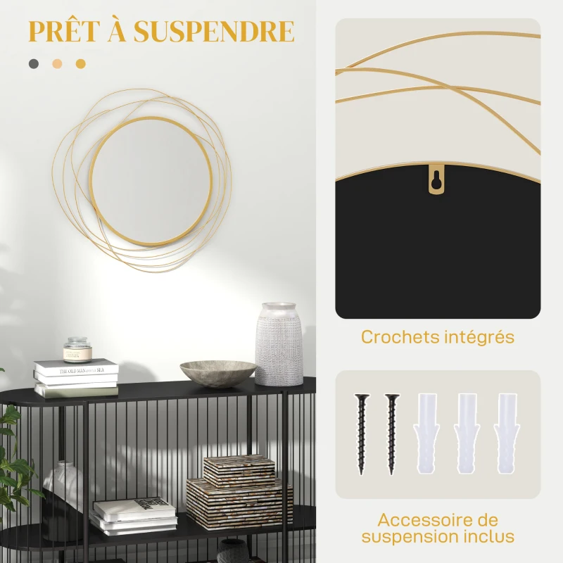 HOMCOM Miroir rond en métal filaire doré, décoration style moderne, diamètre Φ65 cm
