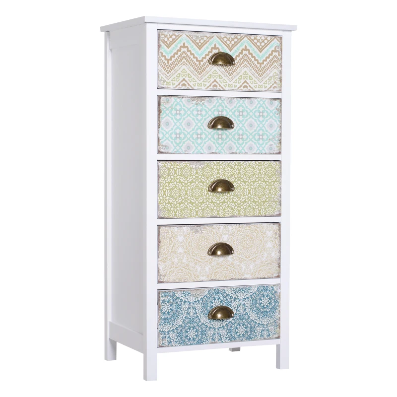 HOMCOM Cómoda con 5 Cajones con Frontales Estampados y Tiradores Vintage Mueble Cajonera para Salón 46x34x97,5 cm Multicolor(m-10)
