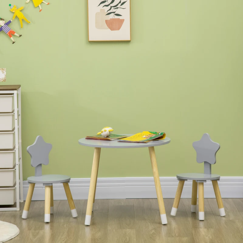 HOMCOM Juego de Mesa y 2 Sillas de Madera para Niños Mesa Redonda Ø59x50 cm y Sillas Ø28x51 cm Muebles Infantiles Gris