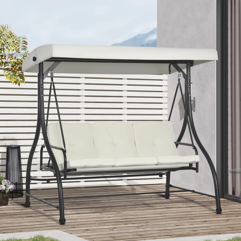 Outsunny Dondolo Letto da Giardino 3 Posti con Tettuccio Regolabile, in Acciaio e Poliestere, 195x117x175 cm, Crema e Nero