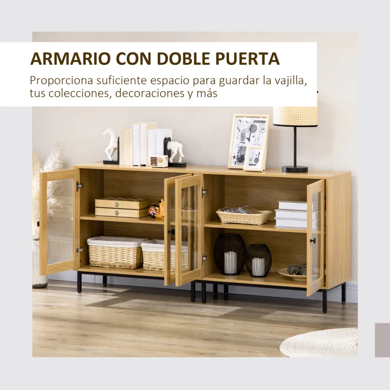 HOMCOM Juego de 2 Aparadores para Salón con Puertas de Vidrio y Patas de Metal para Comedor Dormitorio 160x40x76cm Roble