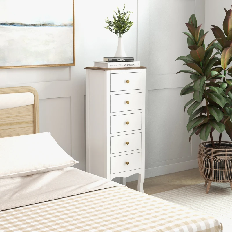 HOMCOM Chiffonnier 5 tiroirs, Meuble de rangement compact blanc avec poignée bouton effet laiton