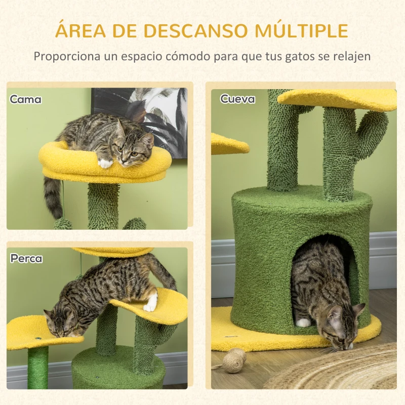 PawHut Árbol Rascador para Gatos en Forma de Cactus con Cama Cueva Postes de Sisal y Bola Colgante 54x39x83 cm Verde