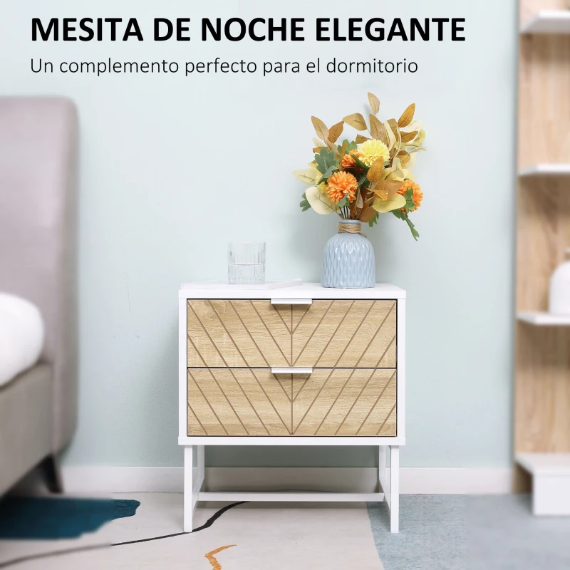HOMCOM Mesita de Noche con 2 Cajones con Patas de Acero Mesilla Auxiliar para Salón Dormitorio 45x39x48cm Blanco y Roble
