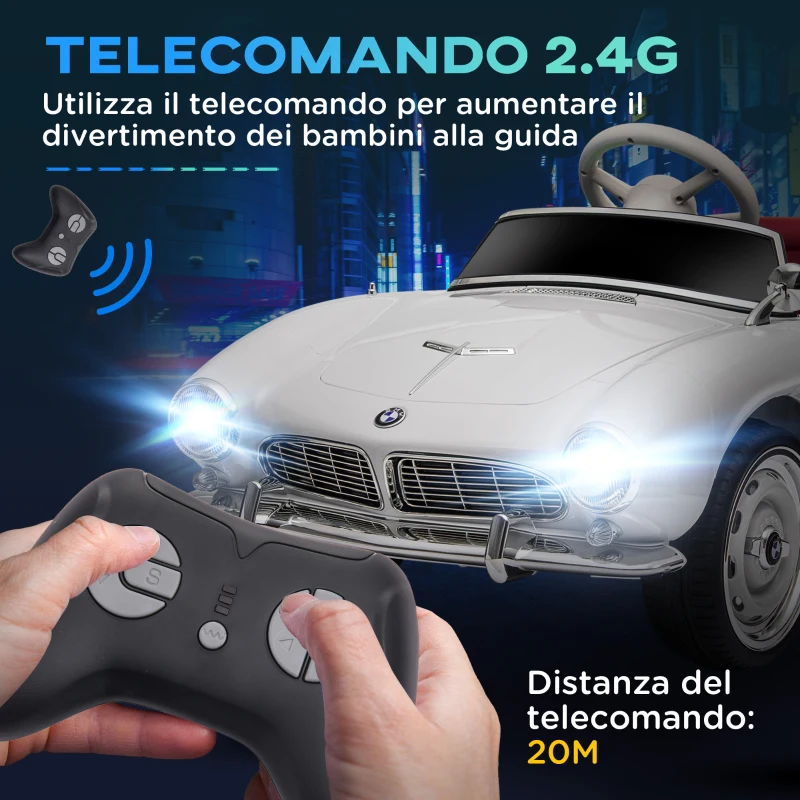 HOMCOM Macchina Elettrica per Bambini a 2 Porte con Licenza BMW 507, con Clacson e Telecomando, 115x55x47 cm, Bianca