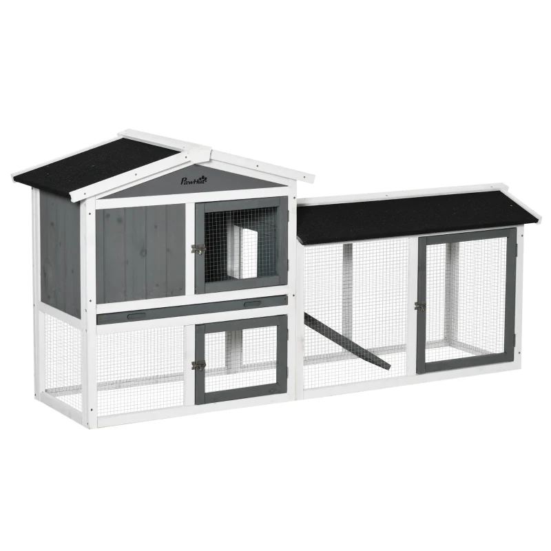 PawHut Rabbit Hutch Outdoor, 2-Tier Guinea Pig Hutch, Wooden Small Animal House with Rabbit Run Box, Slide-out Tray, Ramp, 175.8 x 52 x 85.5 cm, White
