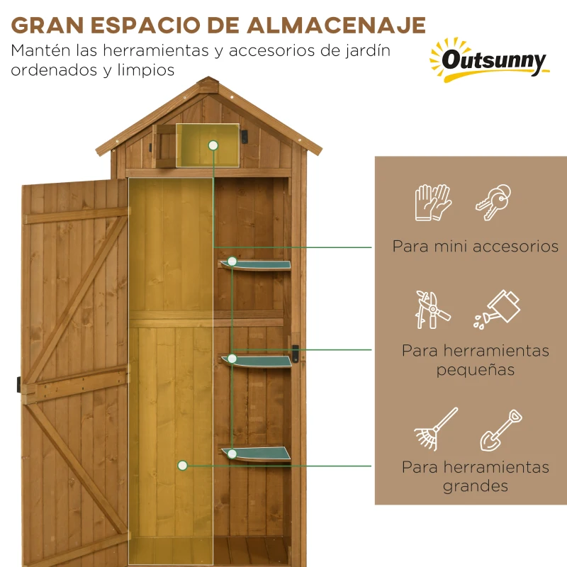 Outsunny Cobertizo para Almacenaje de Herramientas 77x54,2x179 cm 0,3 m² Armario de Jardín de Madera con 3 Estantes y 2 Puertas