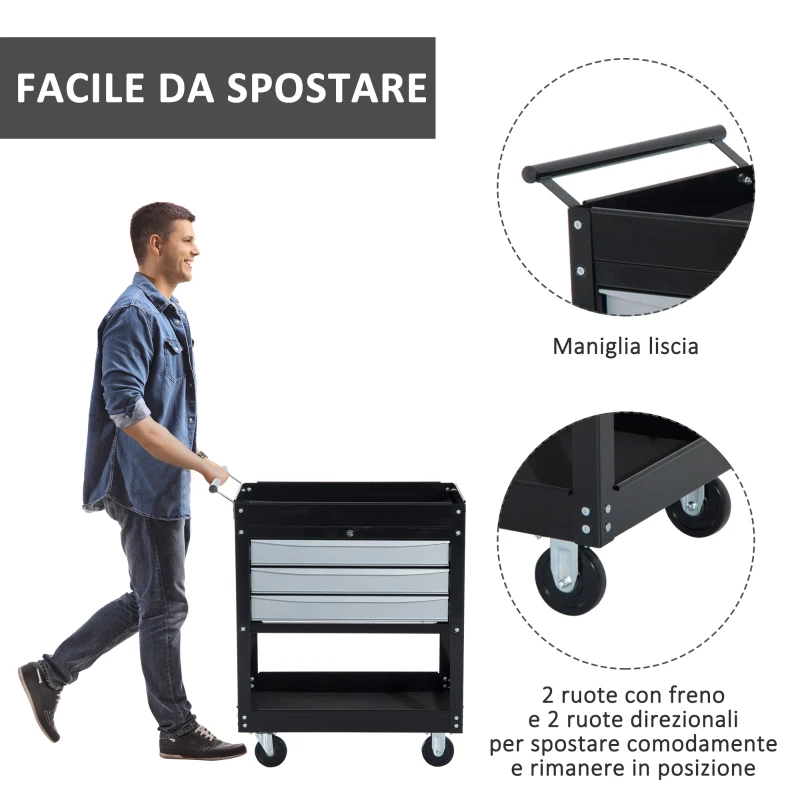 HOMCOM Carrello da Officina Professionale Cassettiera Portautensili in Lamiera, Nero, 68 x 46 x 88cm