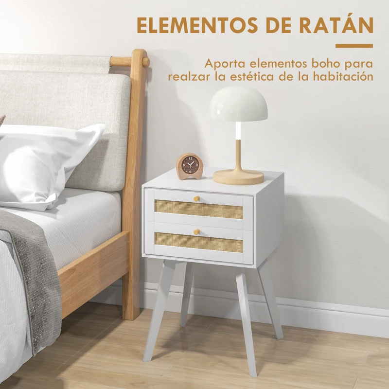 HOMCOM Mesilla de Noche Blanca Mesita de Noche con 2 Cajones Estilo Cannage Mesita Auxiliar Pequeña 40x40x60 cm